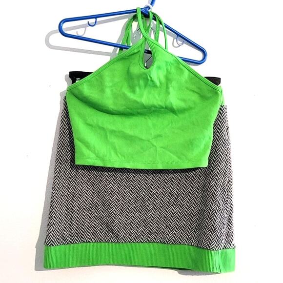 Zara Halter Crop Top + Knit Jacquard High Waisted Mini Skirt Neon Green Small - Picture 3 of 13